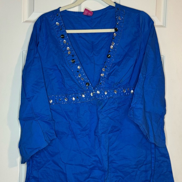 Pretty V Neck Blue Blouse with Beaded Embellishment Size 16 - Picture 1 of 4